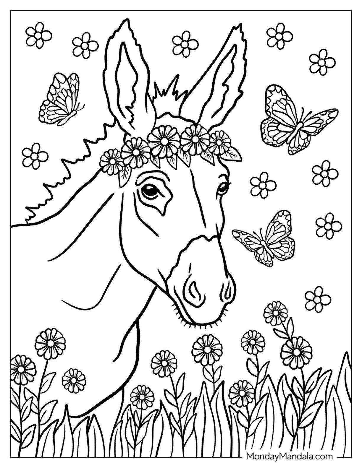 Sweet Donkey Coloring Page Wearing a Flower Crown Among Butterflies