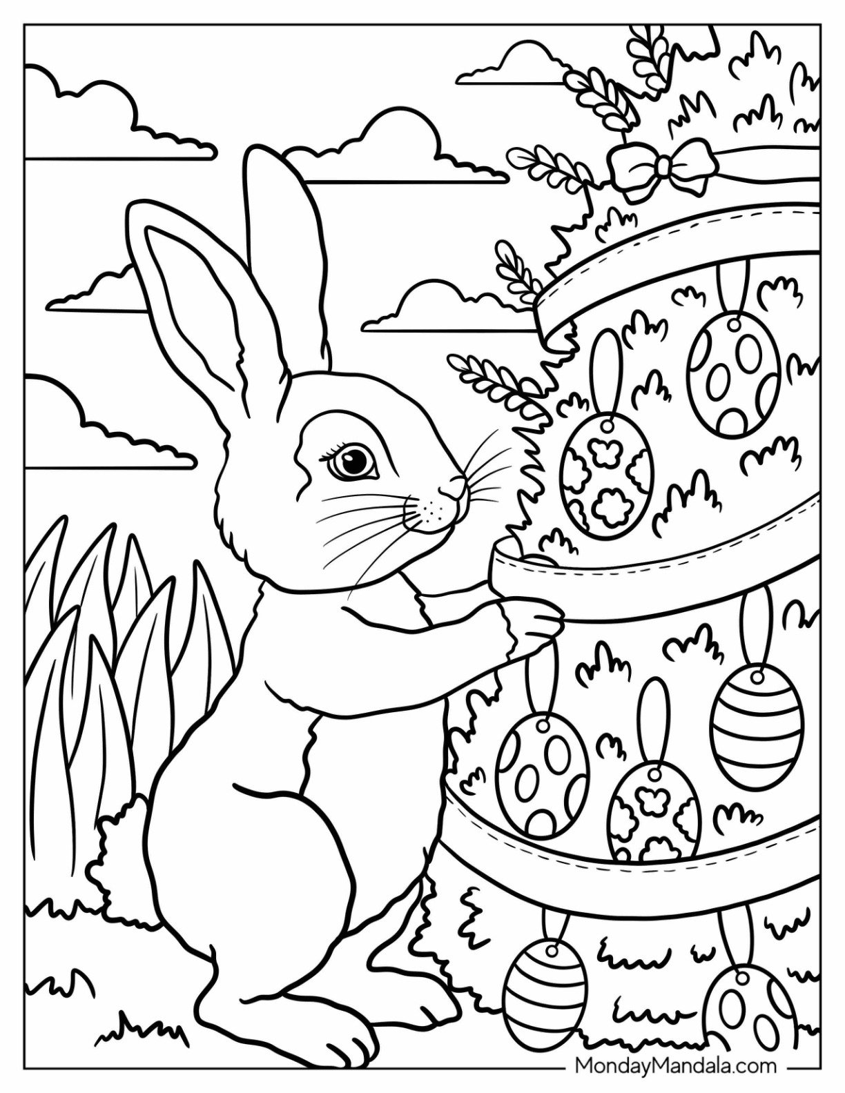 Sweet Easter Bunny Coloring Page Decorating Tree with Hanging Eggs