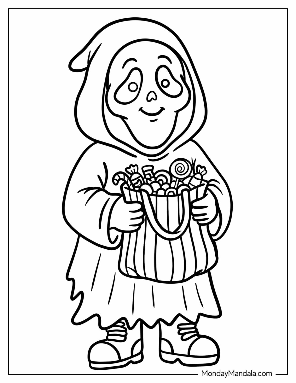 Sweet Ghost Face Holding a Bag of Candies Coloring Page