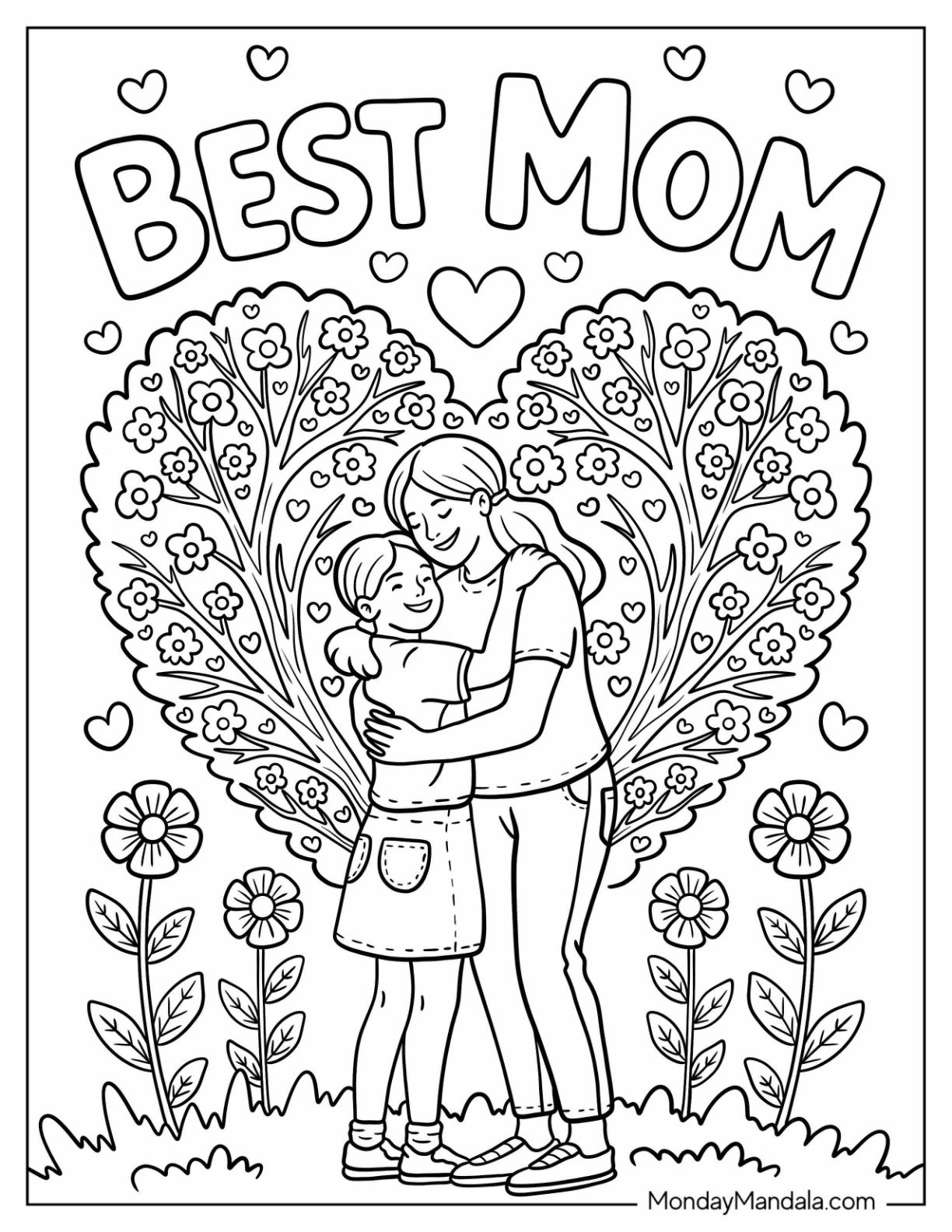 Sweet Mother's Day Coloring Page of Embrace With  Best Mom  Banner
