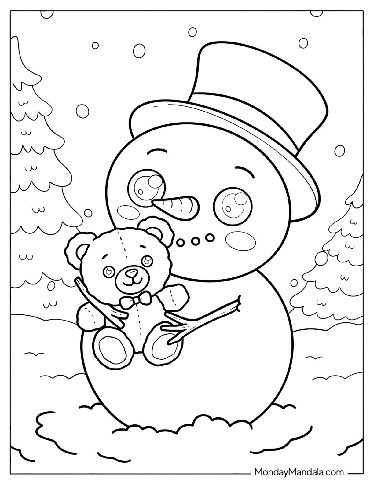 Sweet Snowman Hugging a Teddy Bear Coloring Page for Preschoolers