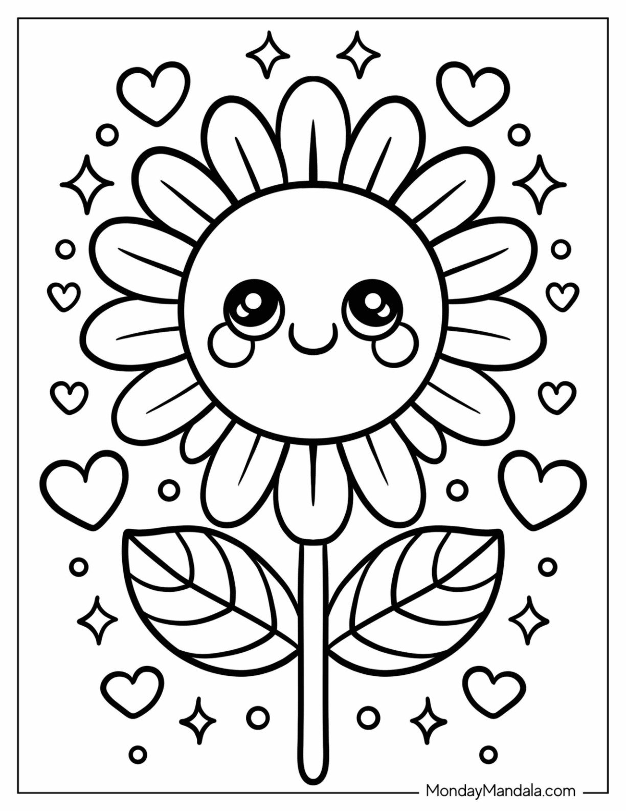 Sweet Sunflower Coloring Page Face Surrounded by Hearts for Preschoolers