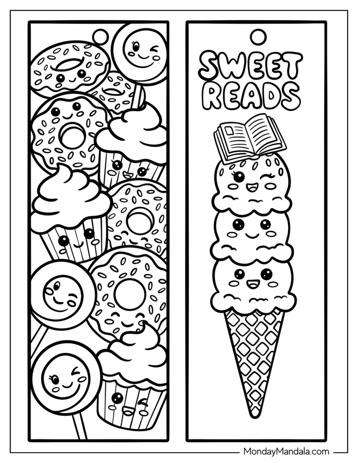 Sweet Treats and Ice Cream Reading Bookmark Coloring Page for Kids