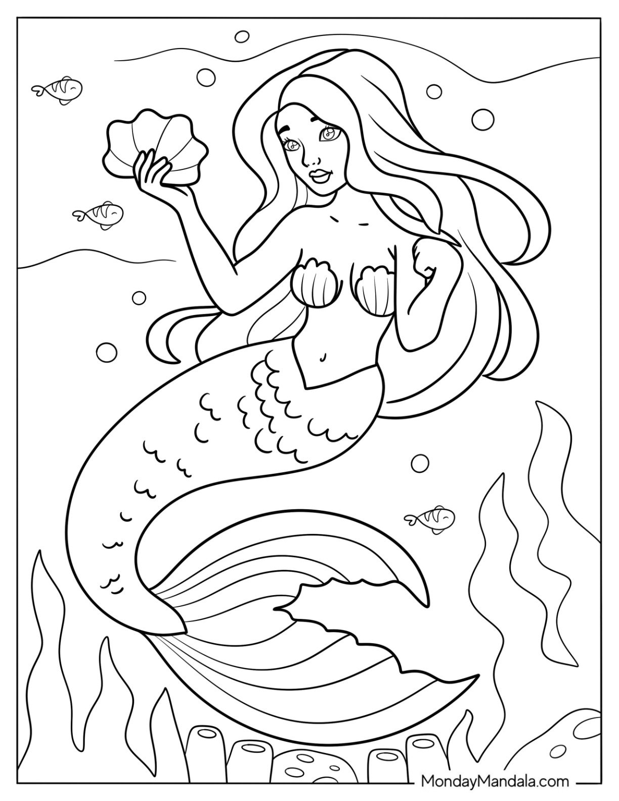 Swimming Mermaid Coloring Page Holding a Shell in the Sea for Kids