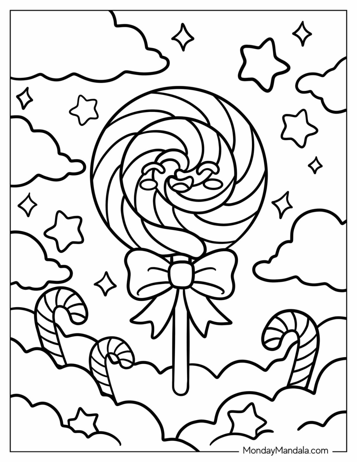 Candy Coloring Page of Swirled Lollipop in Candy Sky for Kids