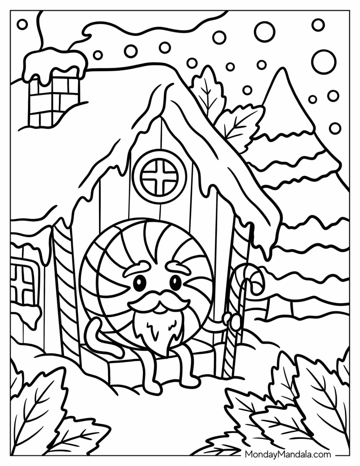 Candy Coloring Page of Swirly Candy Sitting Outside a Winter Cottage