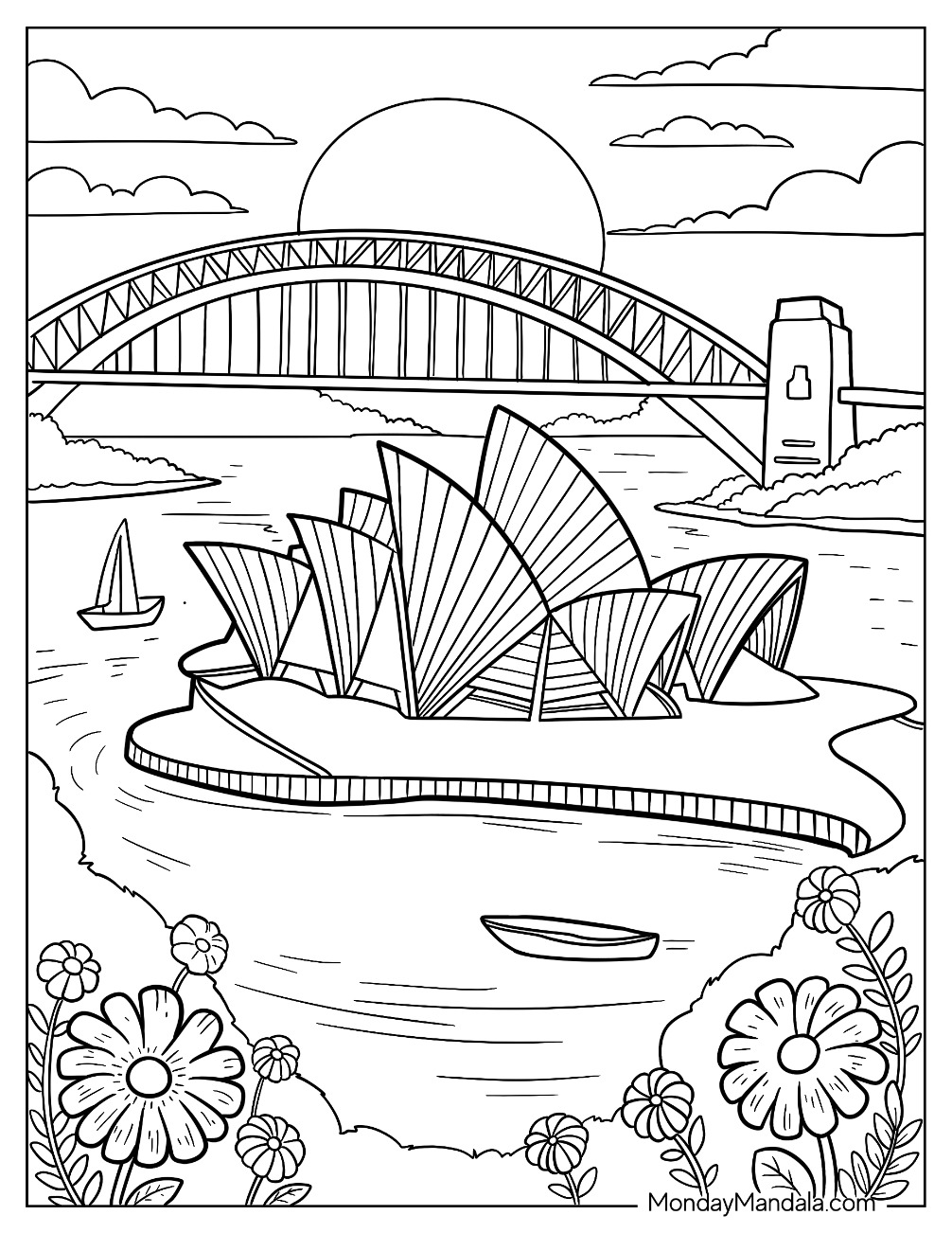 Sydney City Coloring Page with Opera House, Harbour Bridge, and Boats