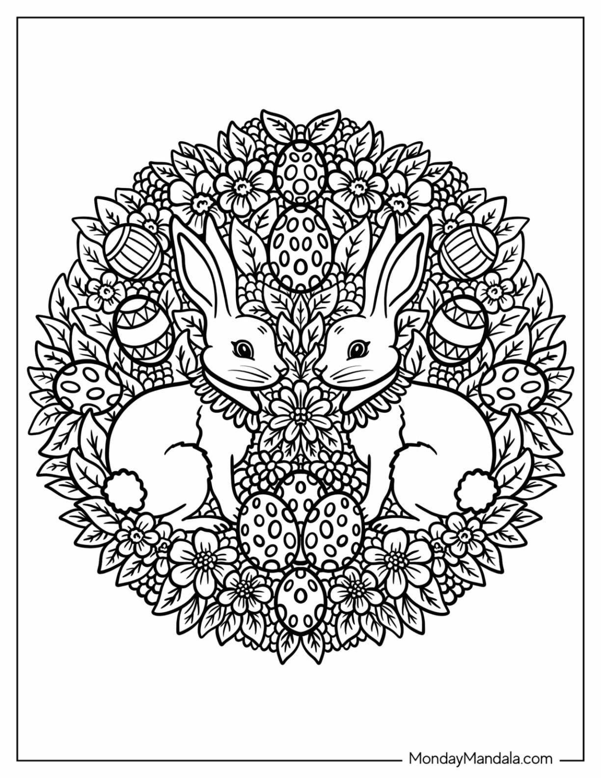 Symmetrical Easter Mandala Coloring Page of Bunny and Egg Floral Mandala