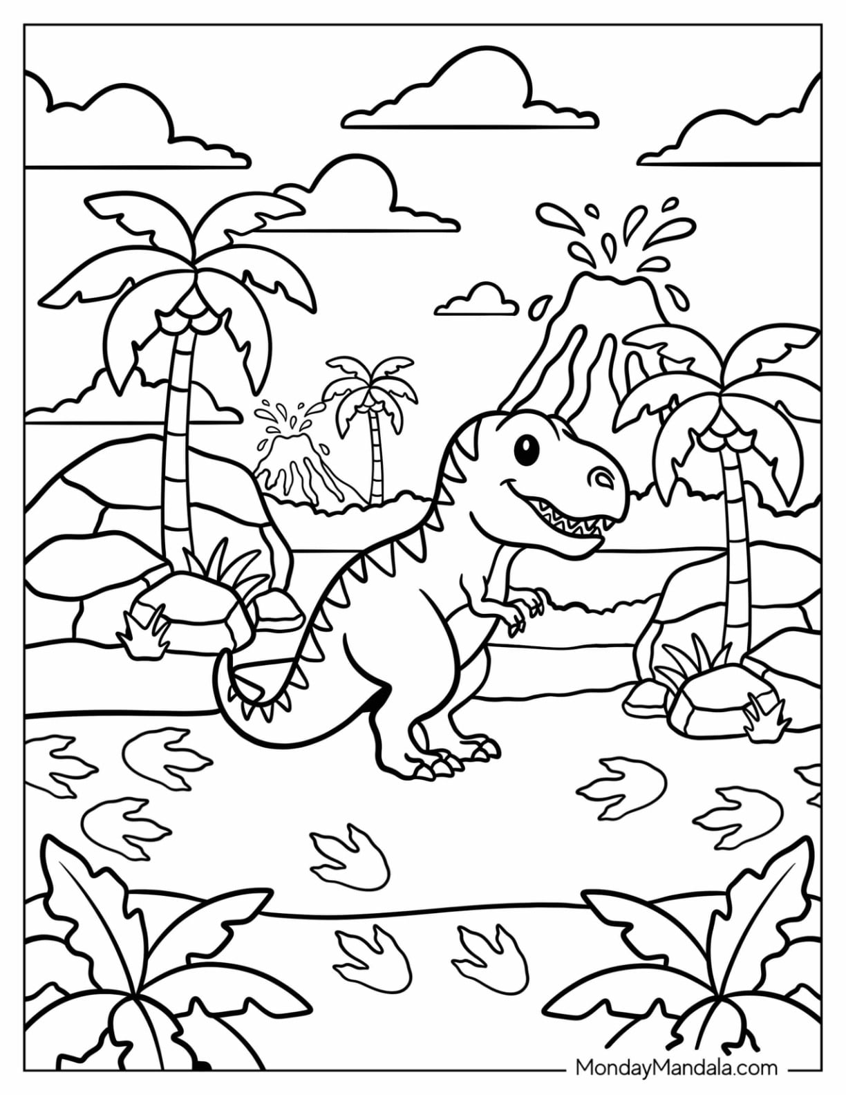 T Rex Emoji Coloring Page in a Prehistoric Jungle for Kids