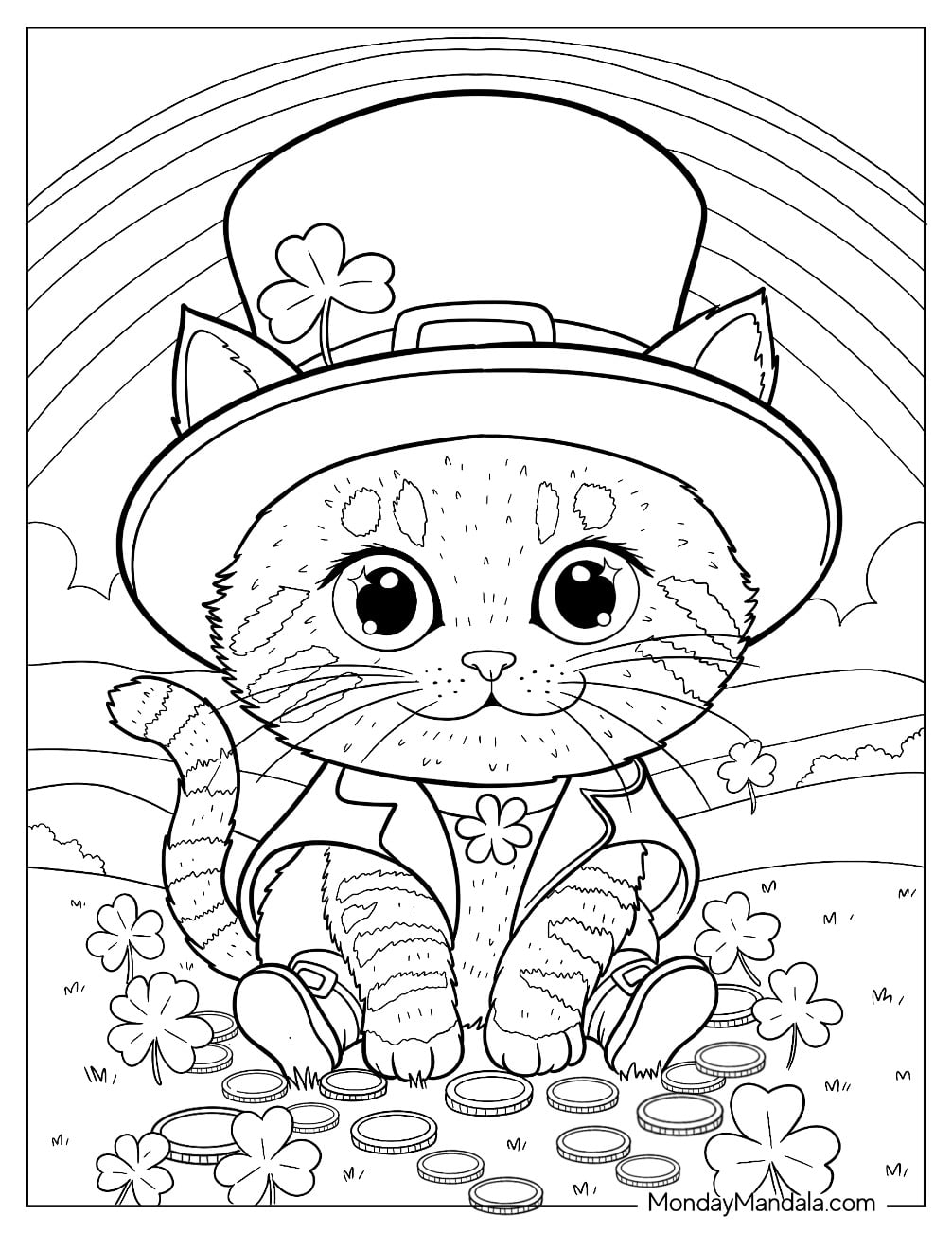 Tabby Cat Leprechaun Coloring Page Sitting With Gold Coins