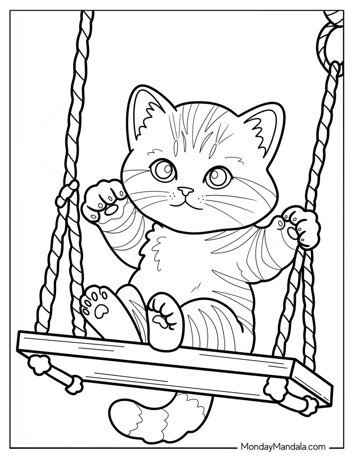Tabby Kitten Coloring Page Sitting on a Swing for Kids