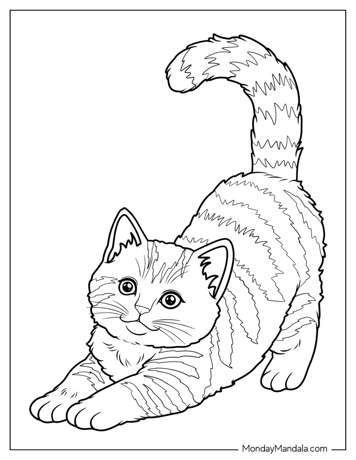 Tabby Kitten Coloring Page Stretching with a Smile