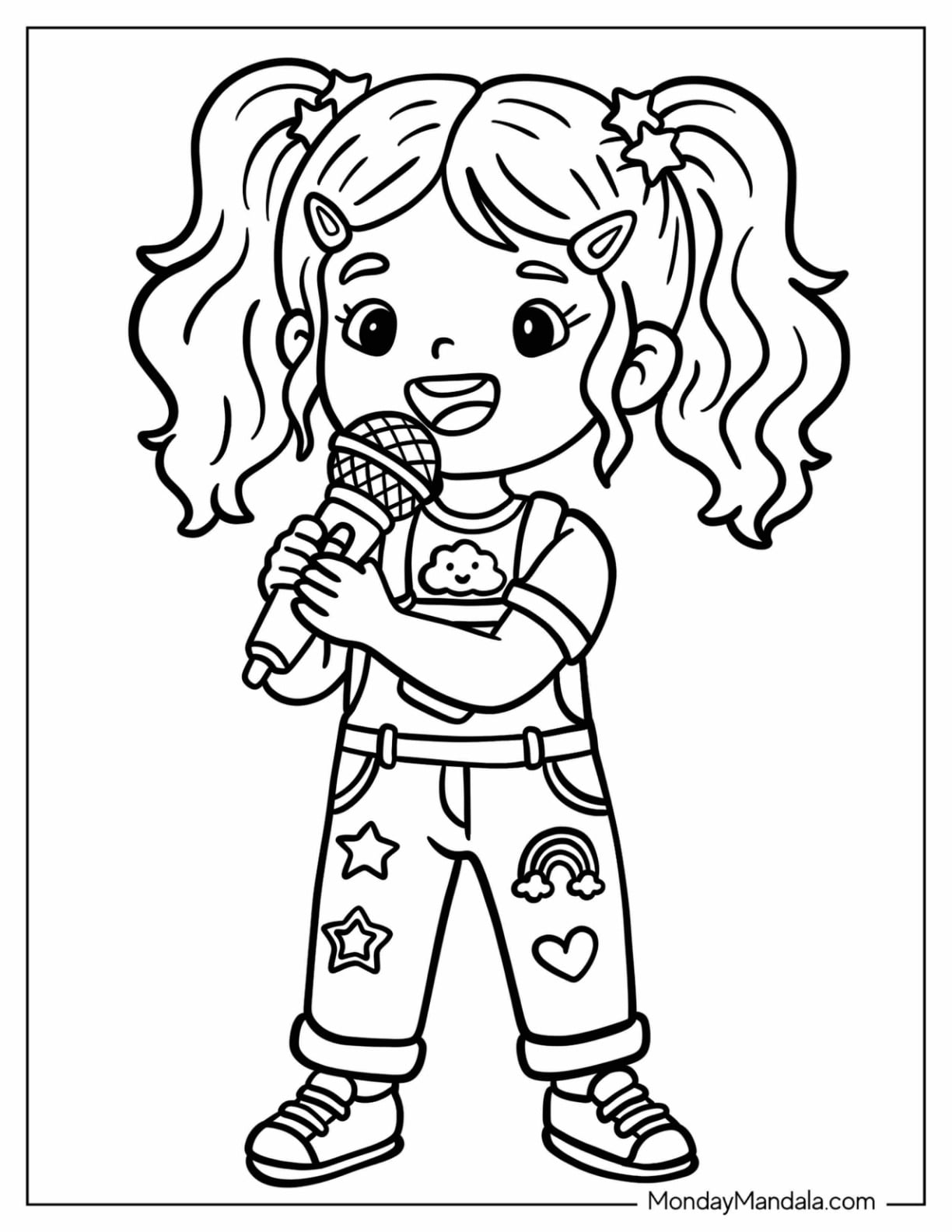 Talented Girl Singing into a Microphone Coloring Page for Kids