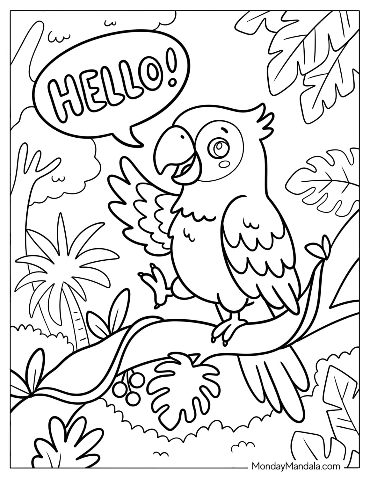 Talking Macaw Parrot Saying Hello in the Jungle Coloring Page