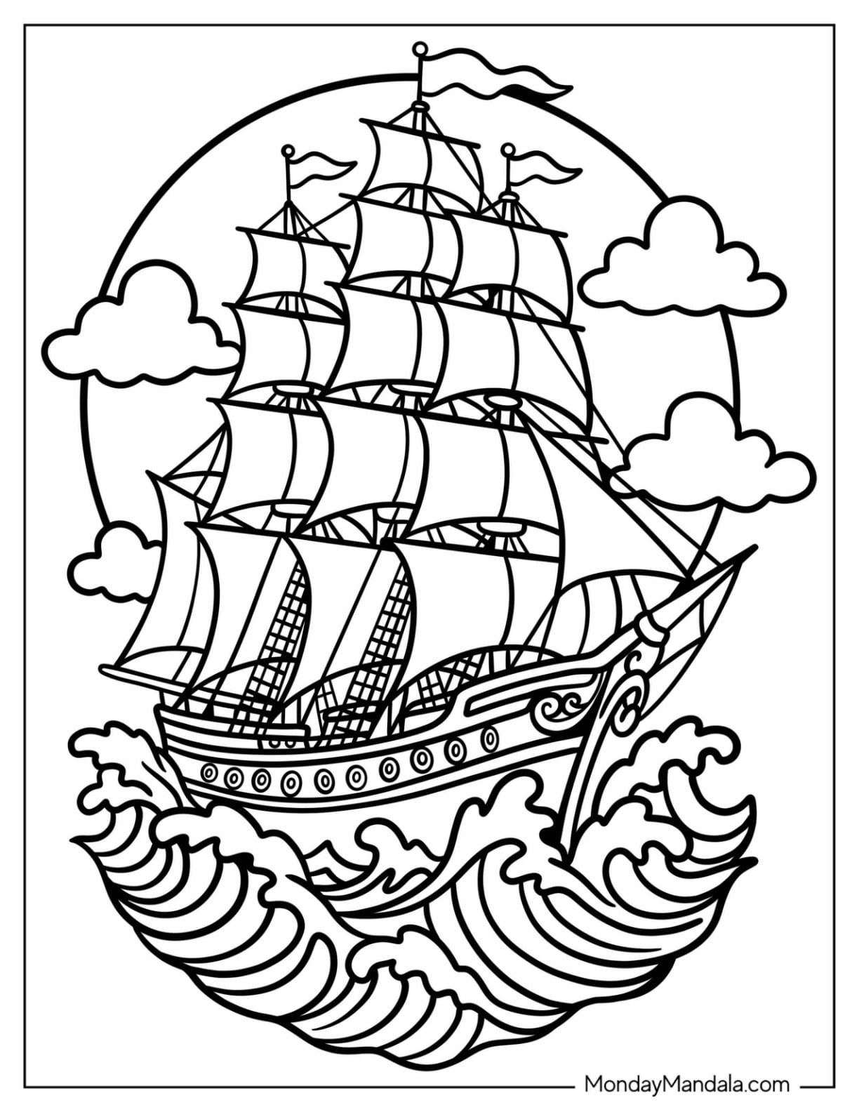Tall Sailing Ship with Waves and Ornamental Circle Tattoo Coloring Page