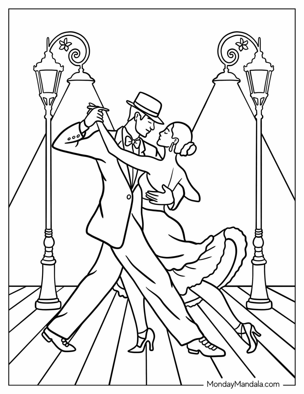 Tango Dancers Performing Under Streetlamps on a Cobblestone Street Dancing Coloring Page