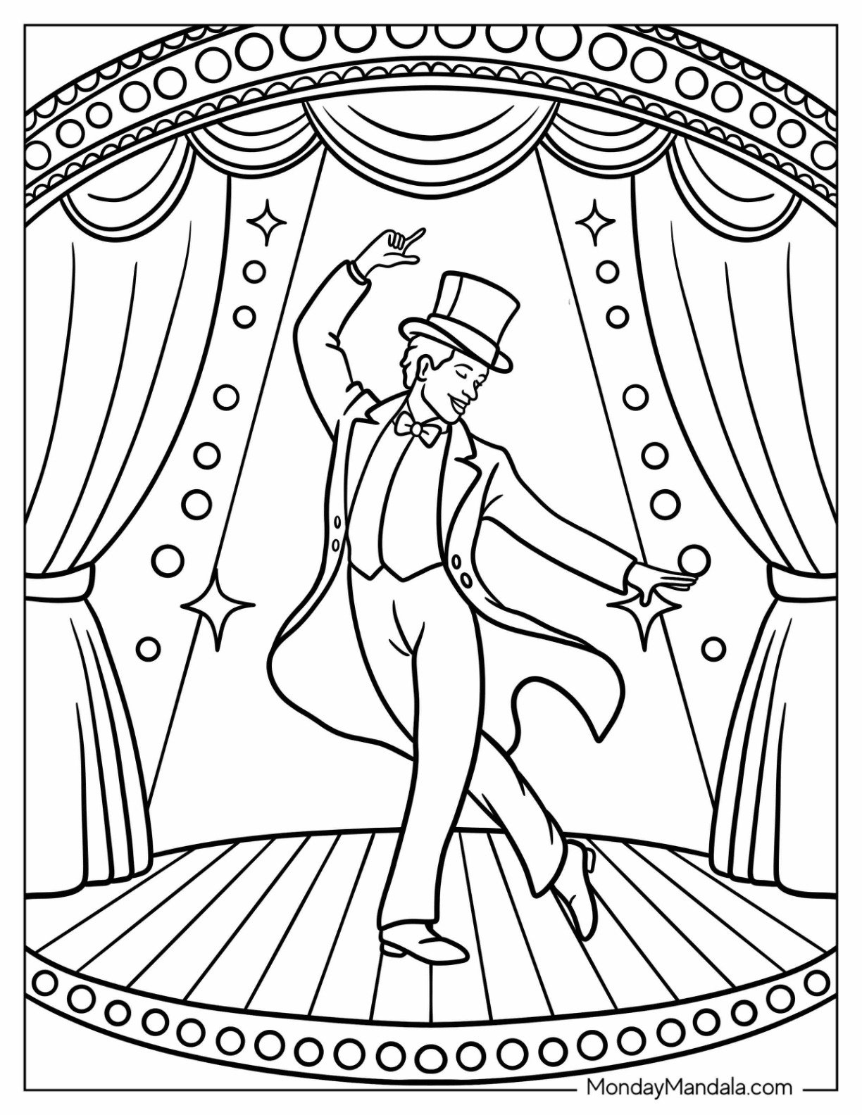 Tap Dancer in Top Hat Performing Under the Stage Lights Dancing Coloring Page for Kids