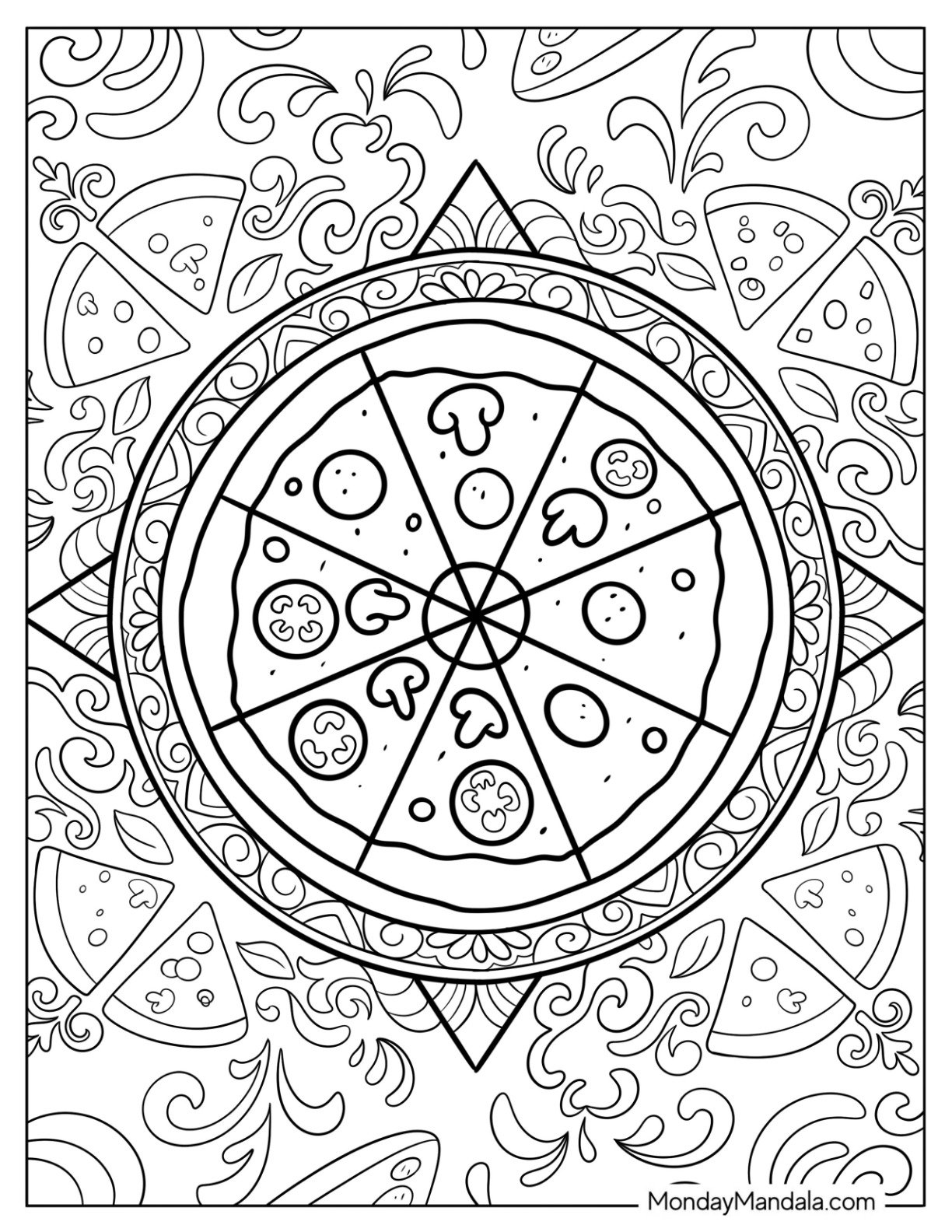 Tasty Pizza Coloring Page Inside a Mandala Surrounded by Pizza Slices