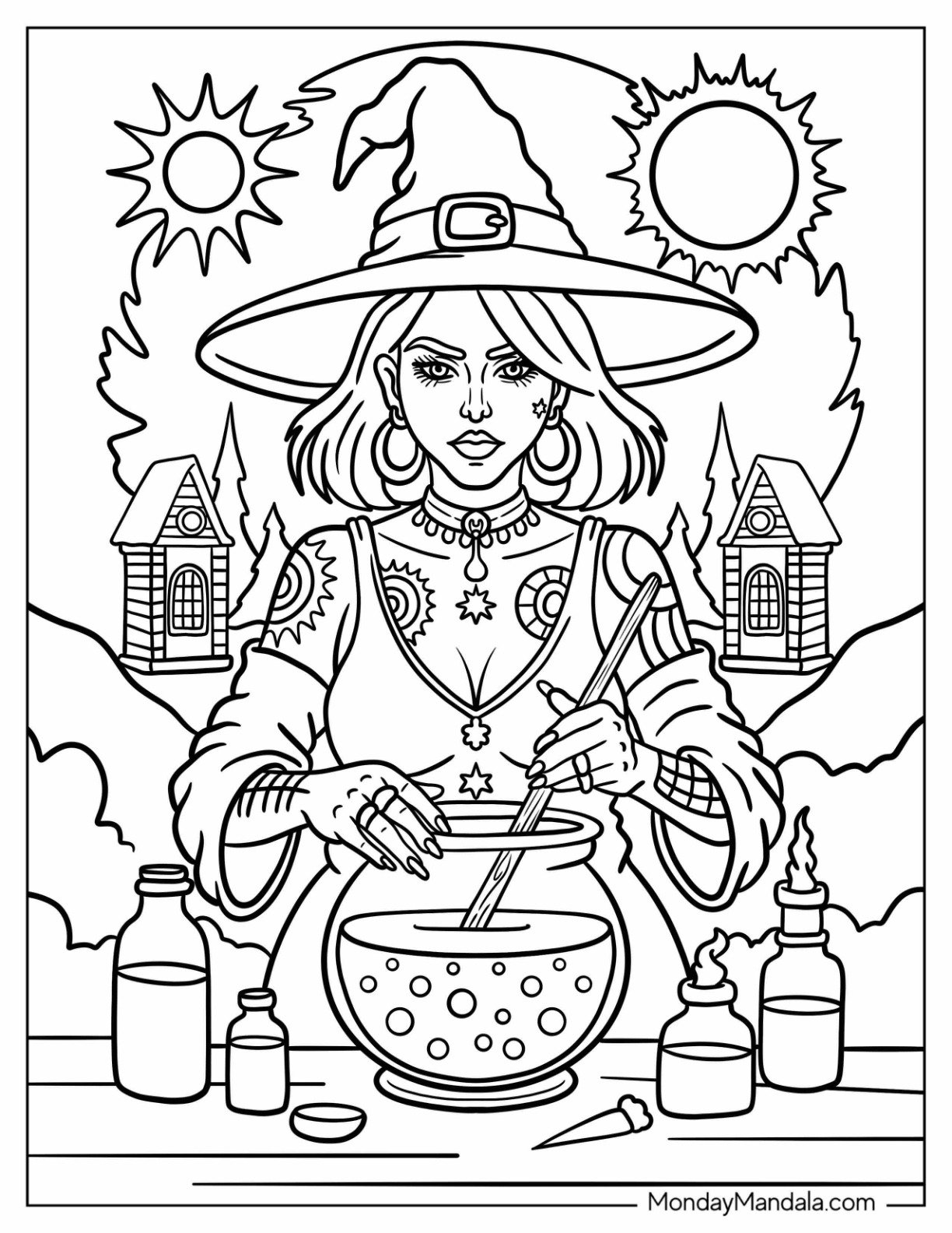Tattooed Witch Stirring a Cauldron with Sun and Moon in Background Halloween Coloring Page for Adults