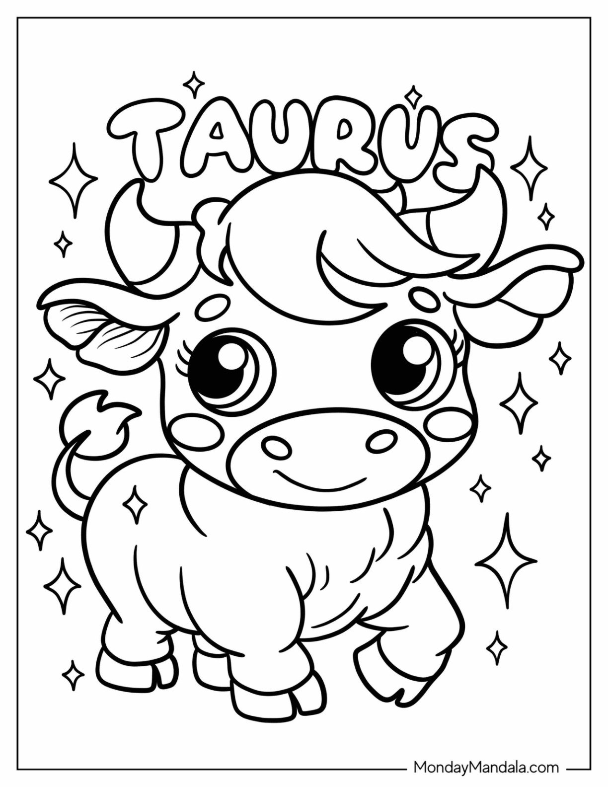 Taurus Text Above a Chibi Bull Coloring Page with Sparkles for Preschoolers