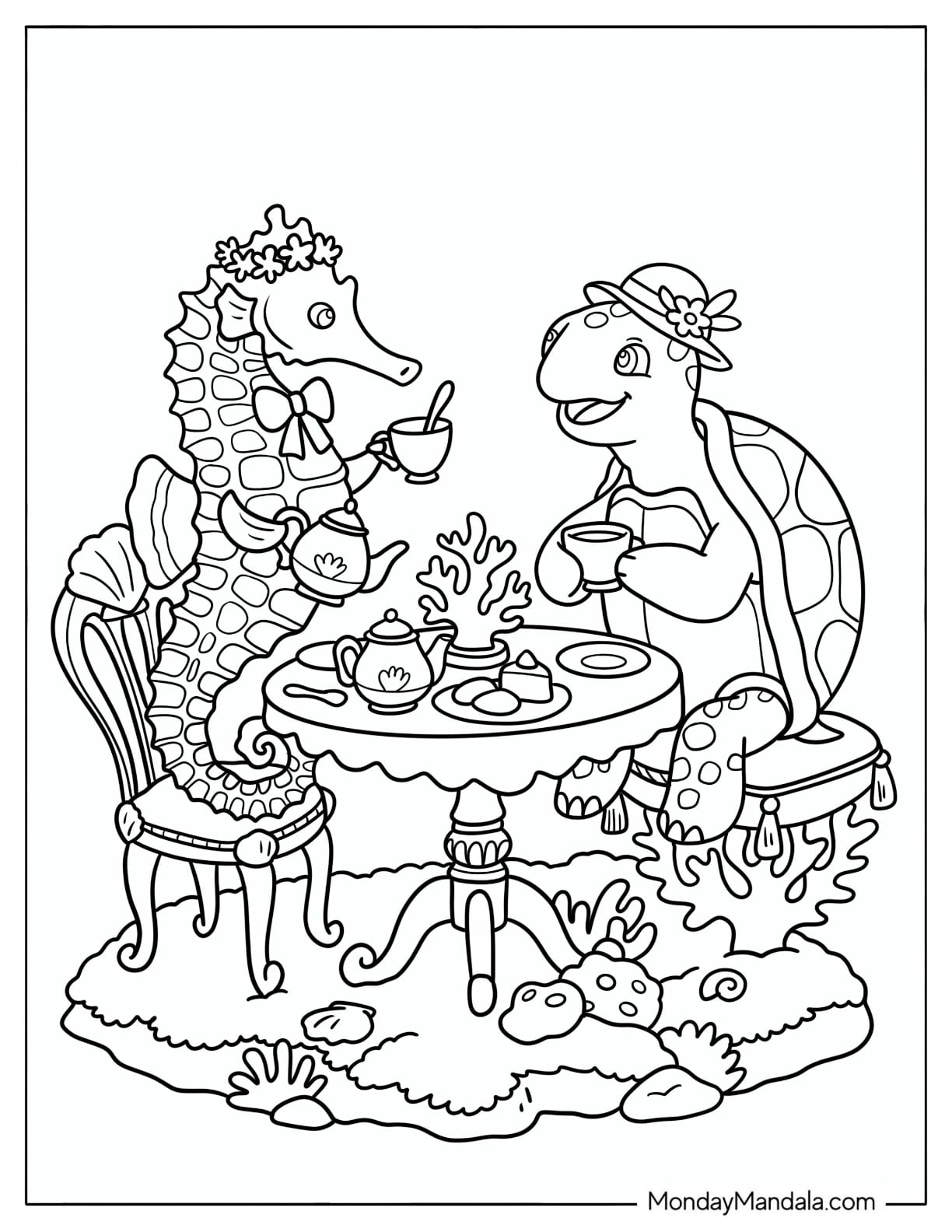 Tea Time with Turtle and Seahorse Coloring Page