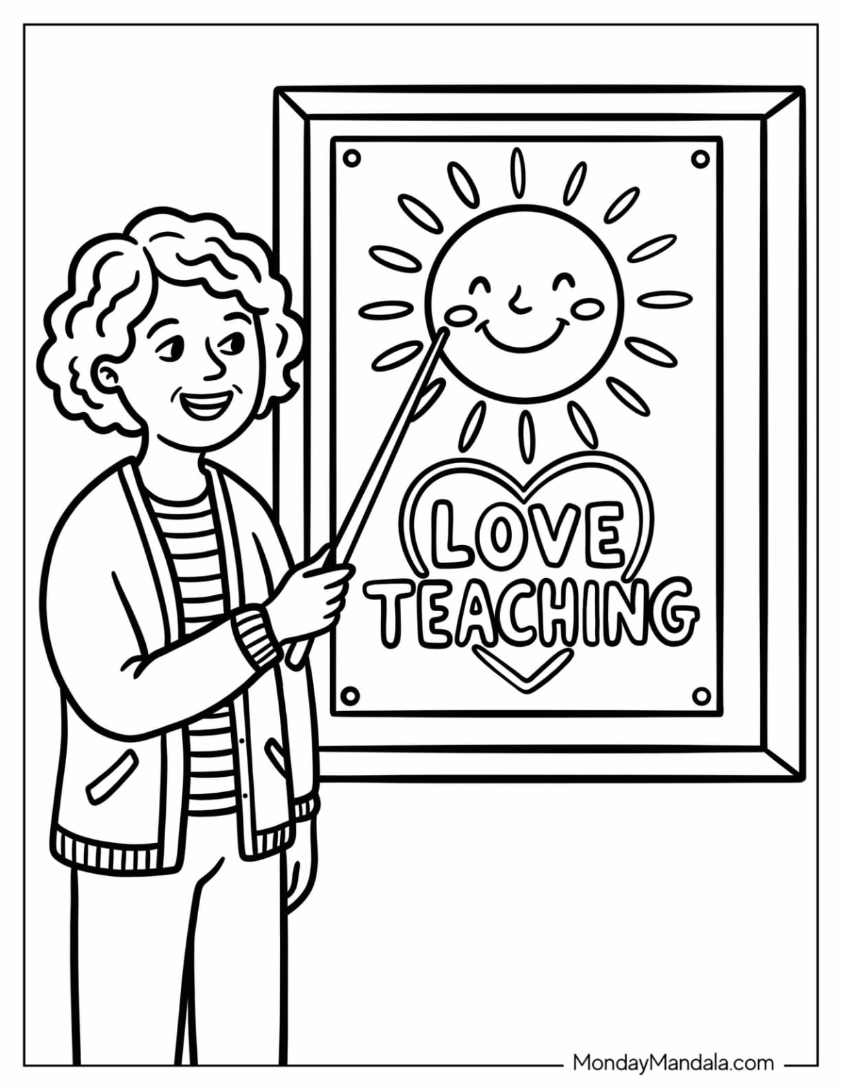 Teacher Coloring Page Pointing at a Poster