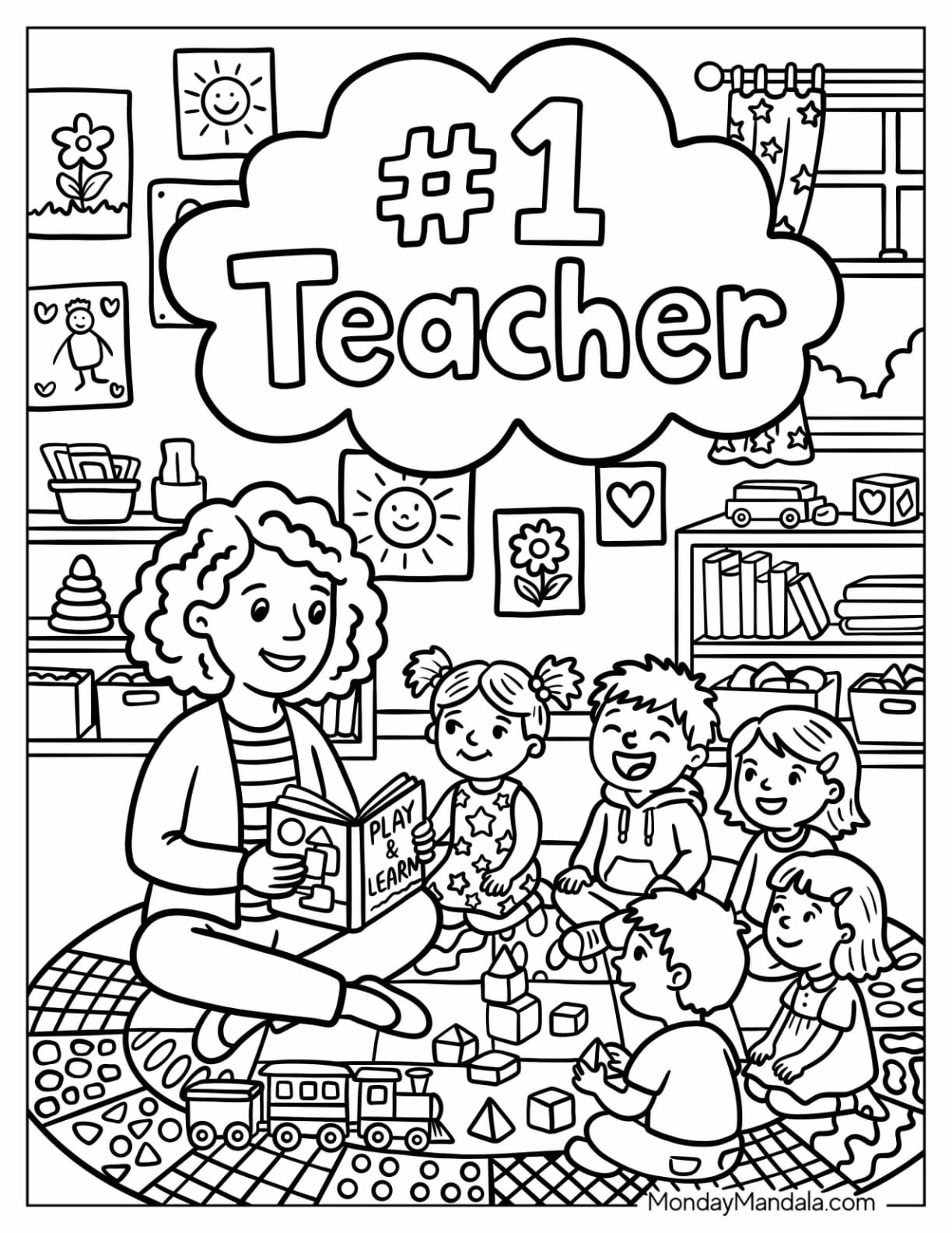 Teacher Coloring Page Reading a Book to Young Students for Kids
