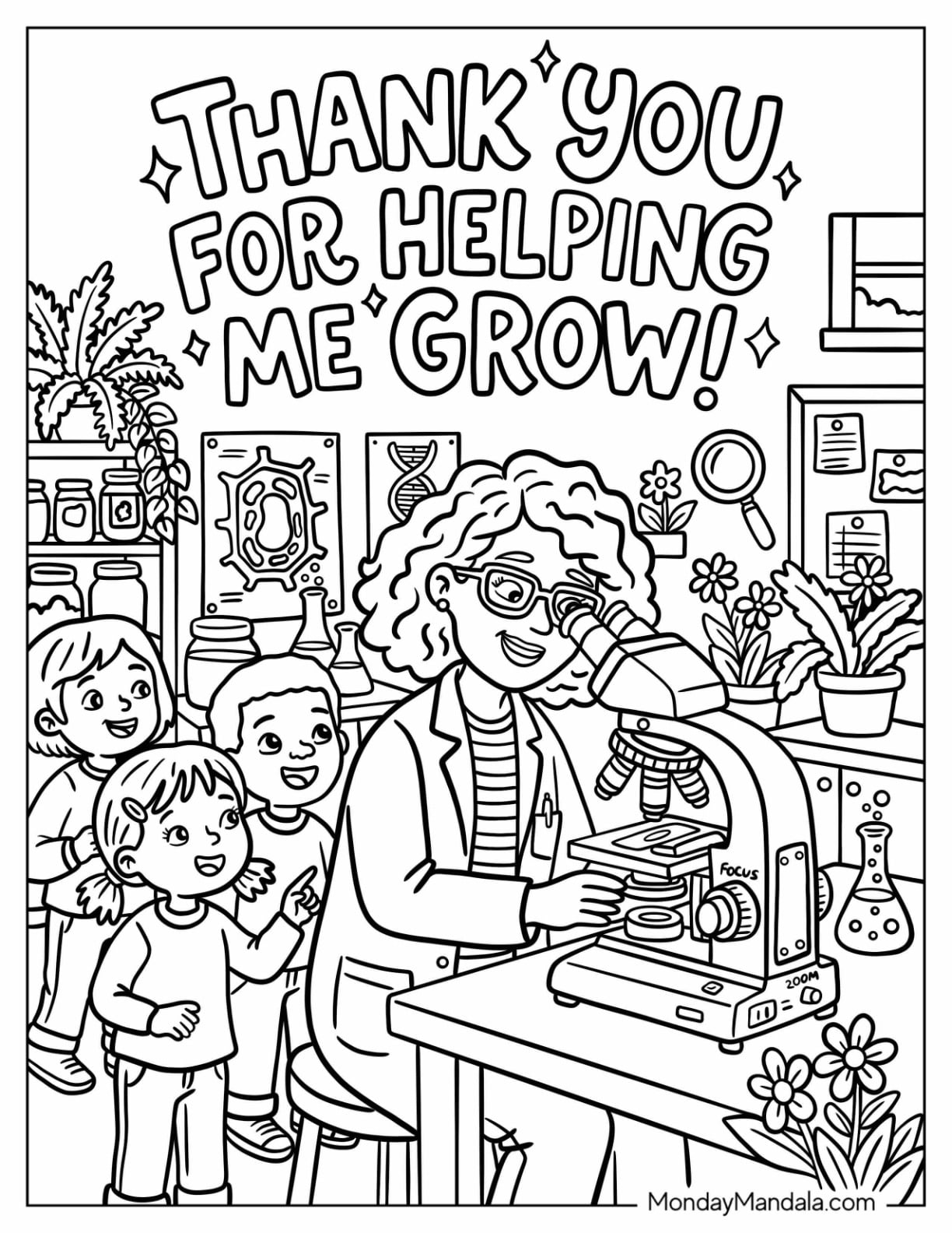 Teacher Coloring Page Using a Microscope in Front of Students