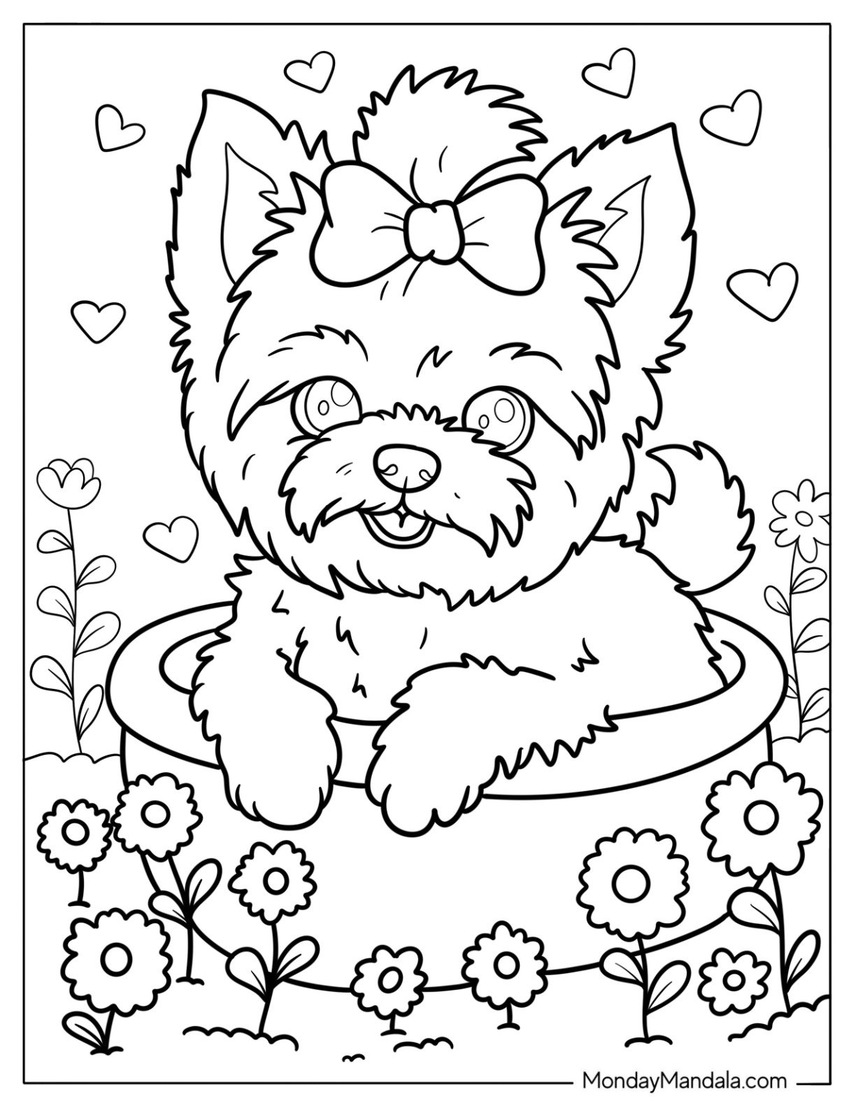 Teacup Yorkie Coloring Page of Puppy with Bow in a Flower Bowl for Kids