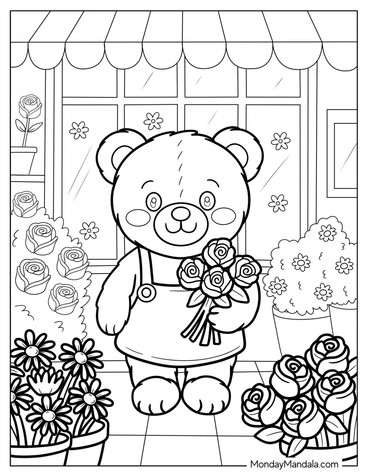 Teddy Bear Coloring Page Florist with a Fresh Flower Bouquet