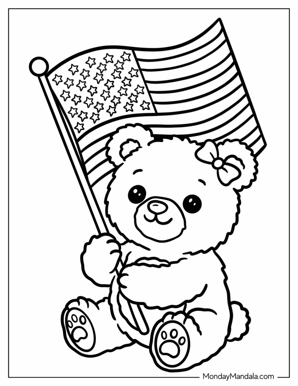 Teddy Bear Holding an American Flag Coloring Page for Kids