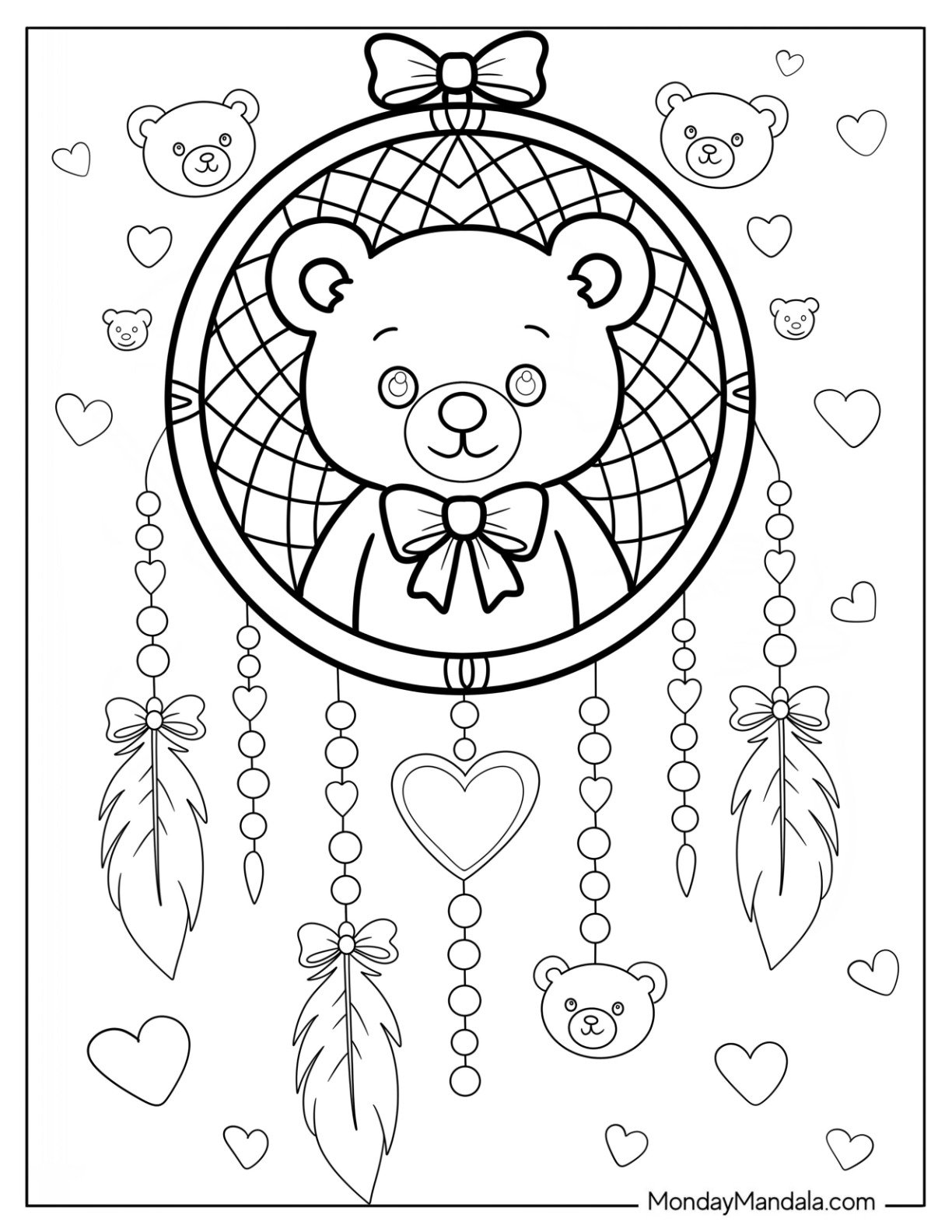 Teddy Bear Coloring Pages Inside Dreamcatcher with Dangling Feathers and Hearts