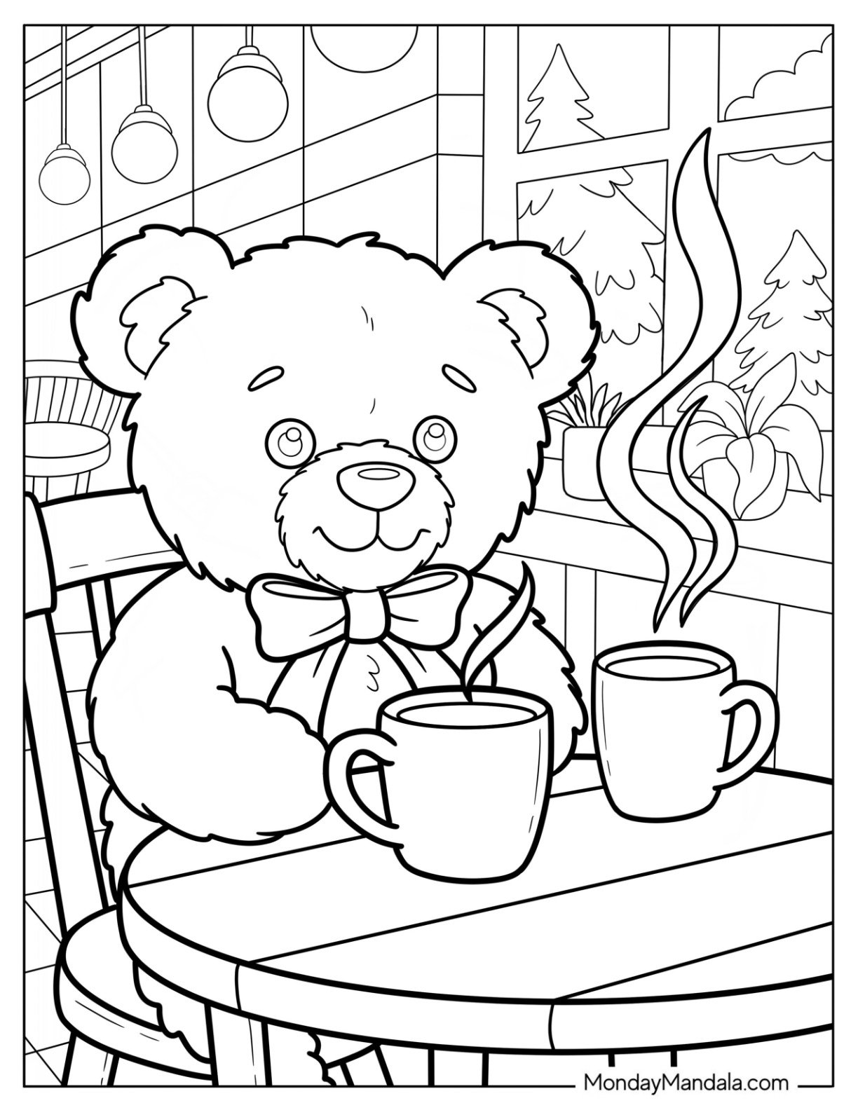 Teddy Bear Coloring Pages Relaxing at a Coffee Shop