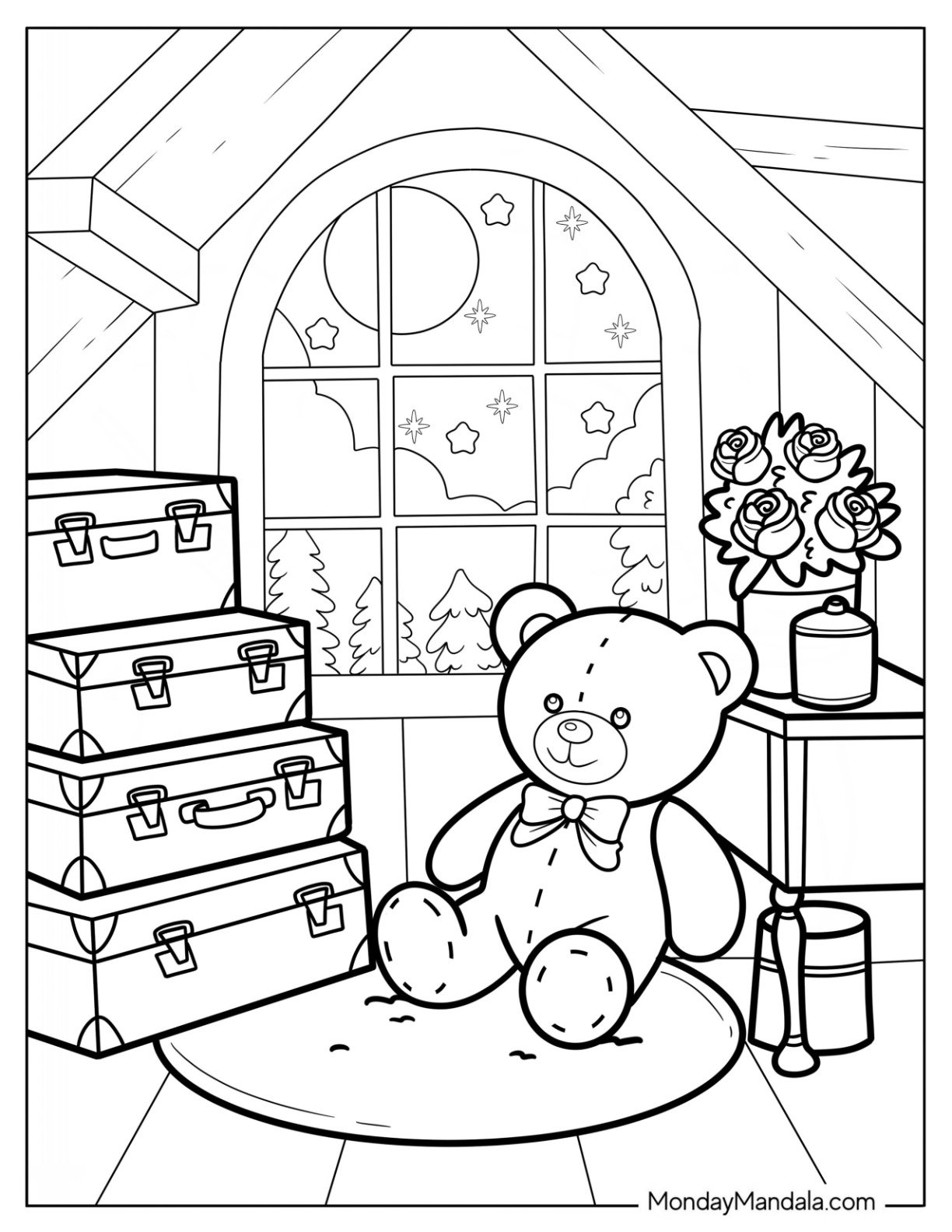 Teddy Bear Coloring Pages Resting in a Moonlit Attic Next to Vintage Suitcase