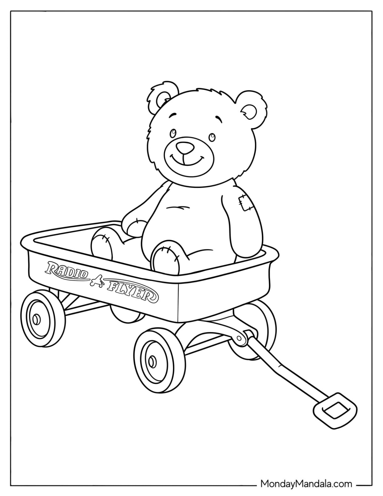 Teddy Bear Riding in a Toy Coloring Page of Wagon for Preschoolers