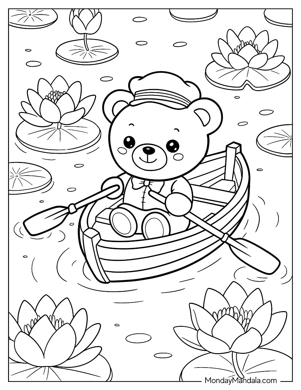 Boat & Ship Coloring Page of Teddy Bear Rowing a Boat Through a Peaceful Pond with Water Lilies for Kids
