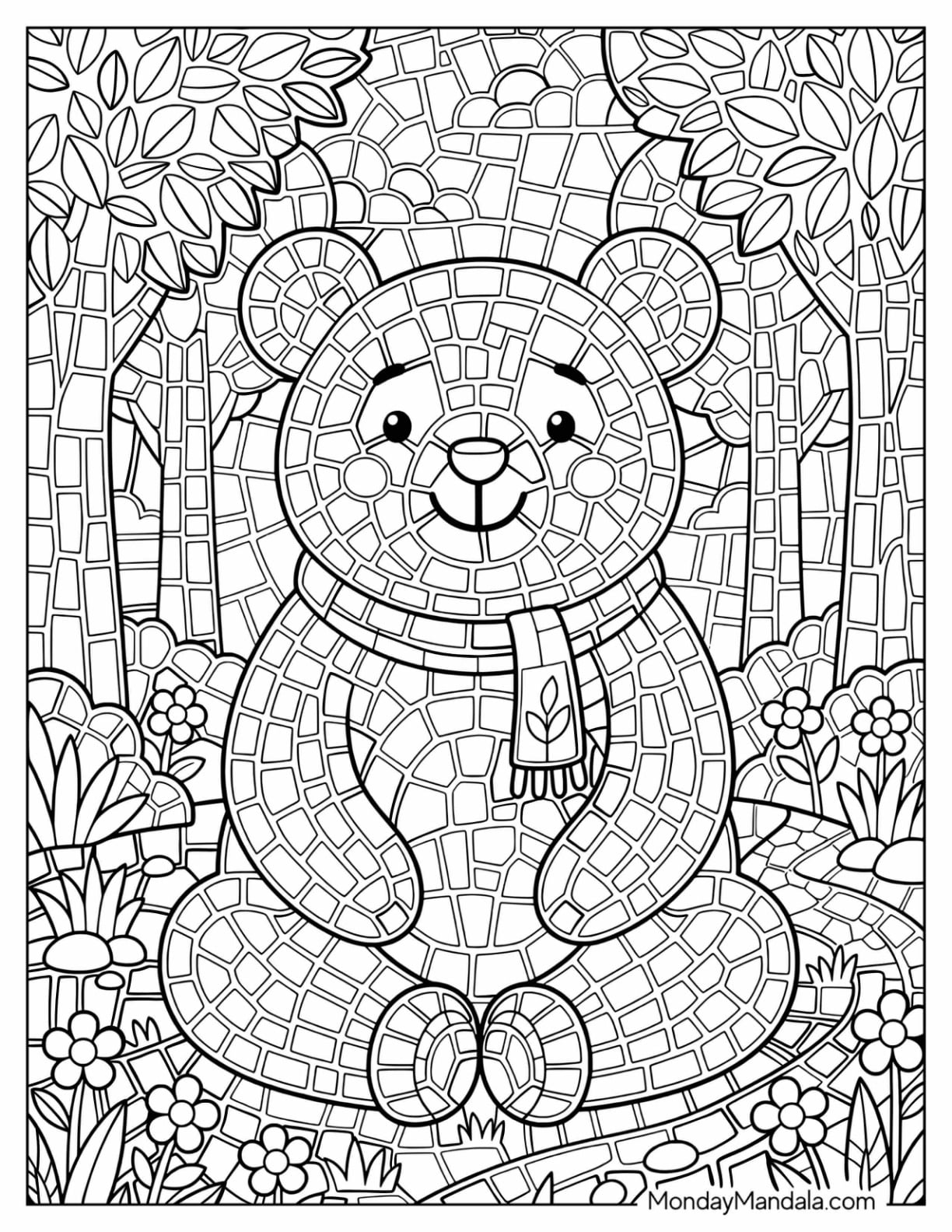 Teddy Bear Sitting in a Forest Mosaic Coloring Page