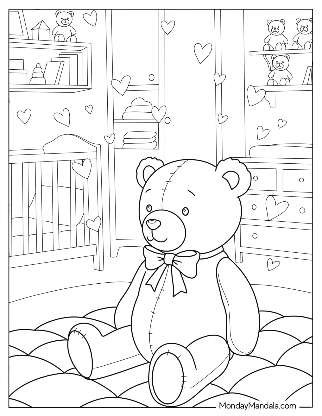 Toy Coloring Page of Teddy Bear Sitting in a Nursery with Hearts for Kids