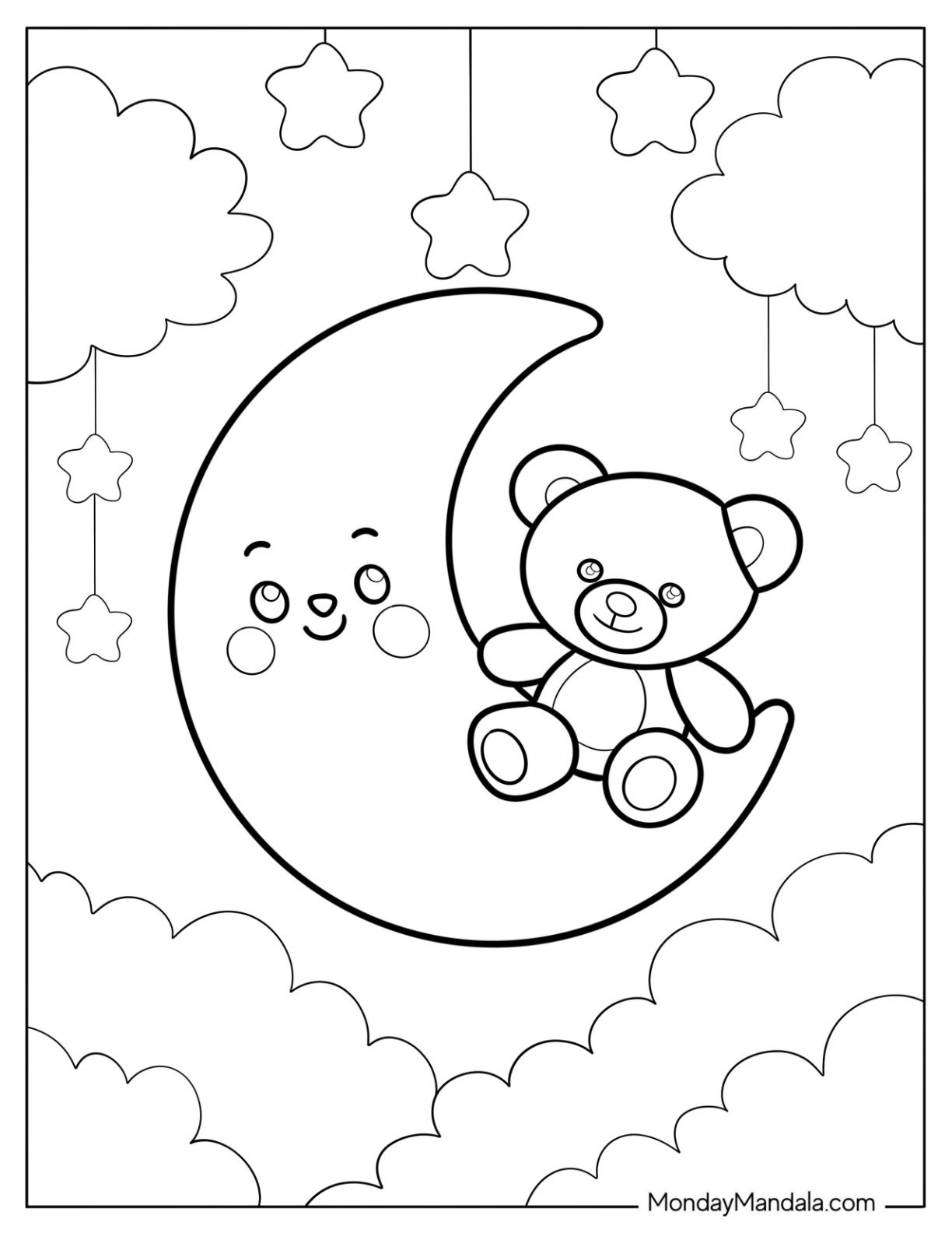 Teddy Bear Sitting on a Crescent Moon Coloring Page with Hanging Stars and Clouds for Kids