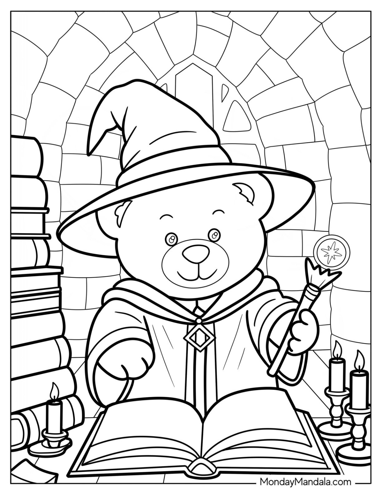 Teddy Bear Coloring Pages Wizard Casting Spells in a Magic Library