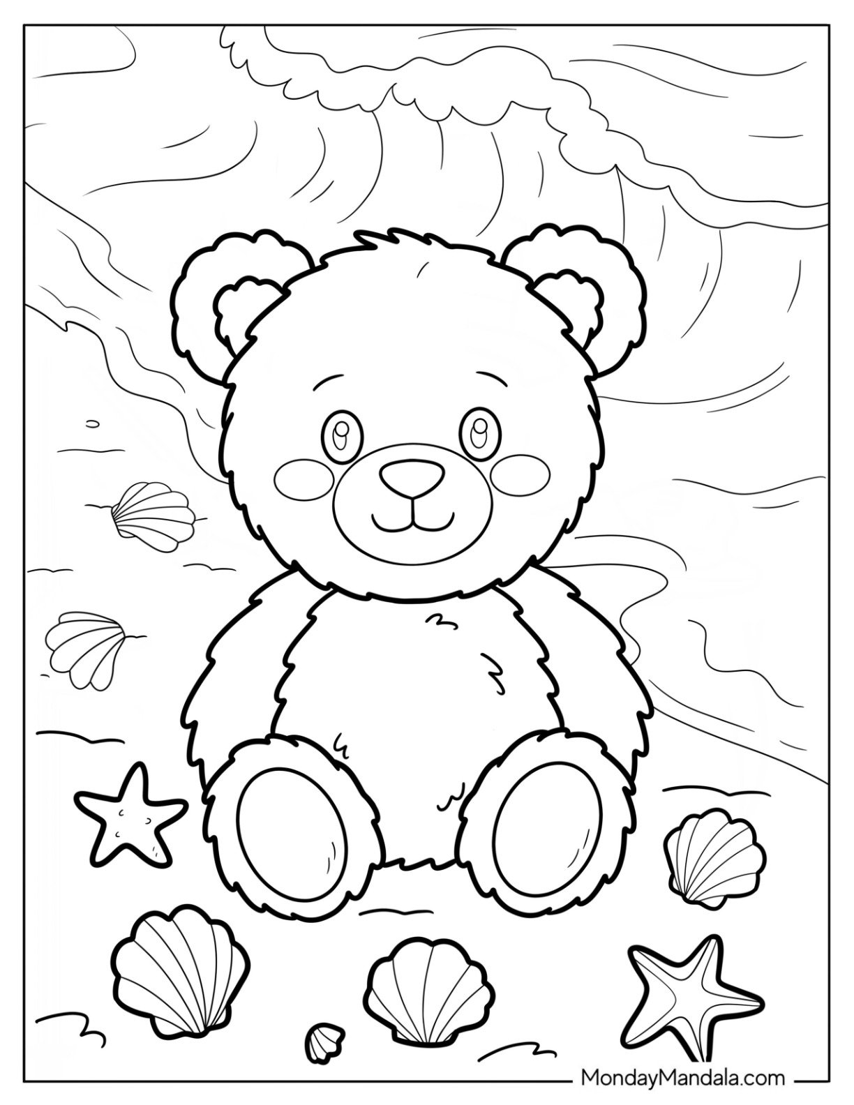 Teddy Bear Coloring Page at the Beach with Shells and Starfish for Kids