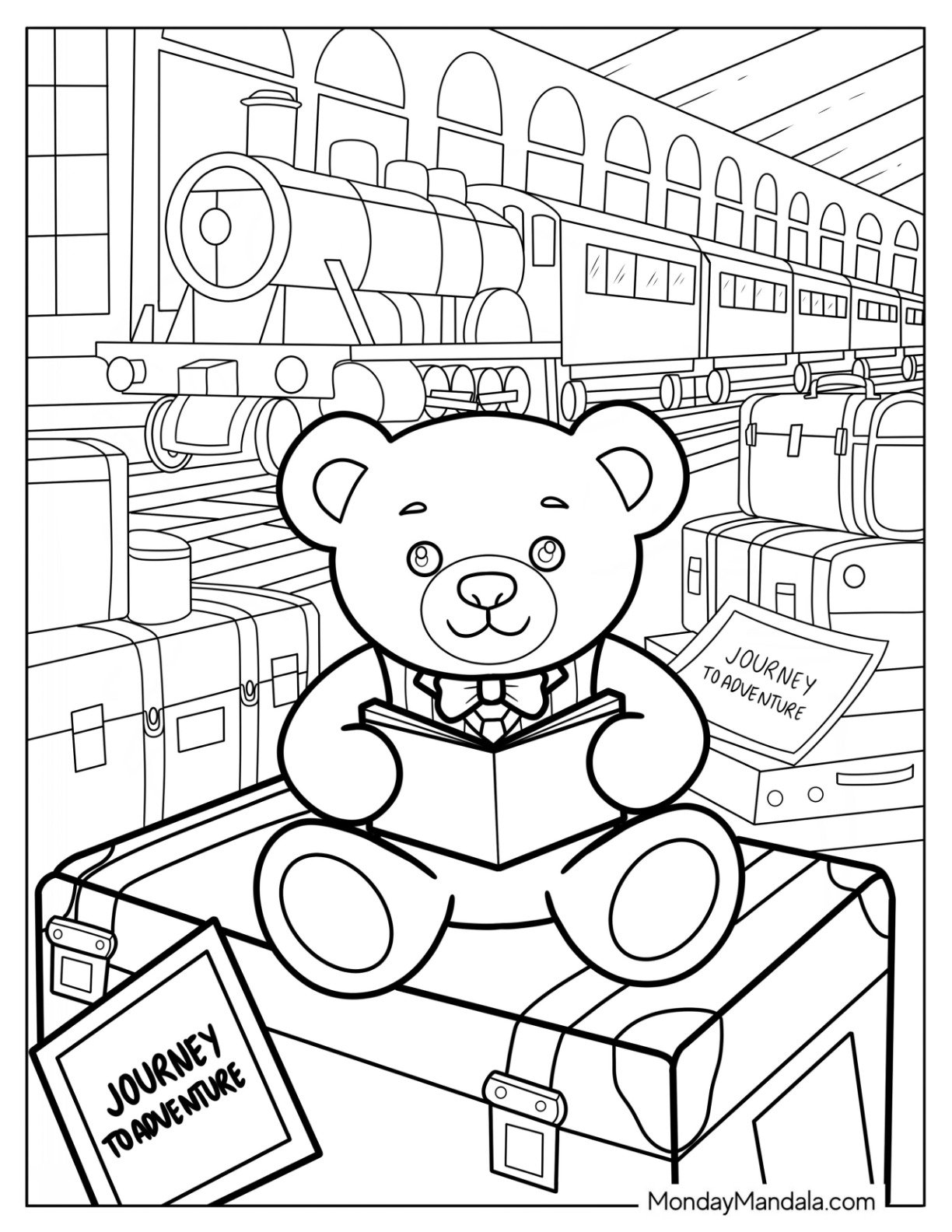 Teddy Bear Coloring Page at the Train Station Reading a Book
