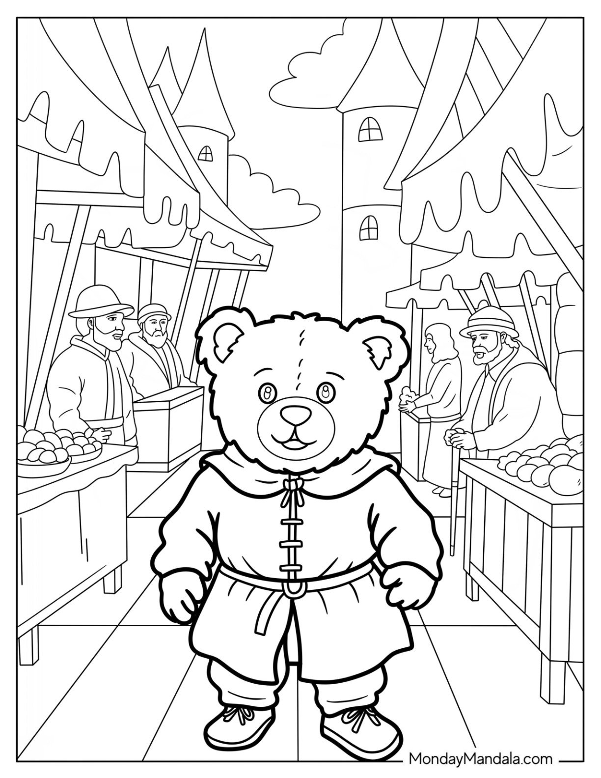 Teddy Bear Coloring Page in Medieval Costume Walking in the Market