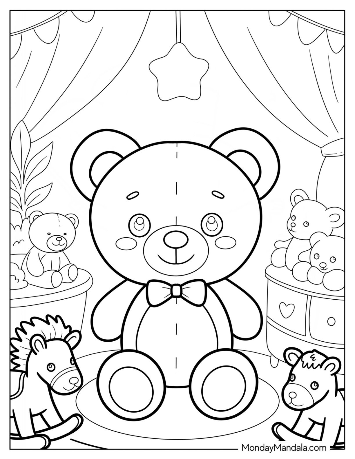 Teddy Bear Coloring Page in a Cozy Nursery Full of Toys