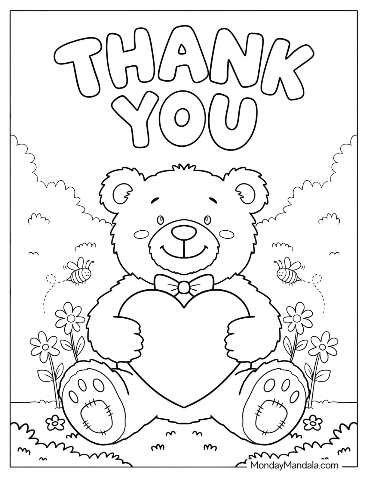 Teddy Bear in the Garden with Thank You Text Coloring Sheet for Kids