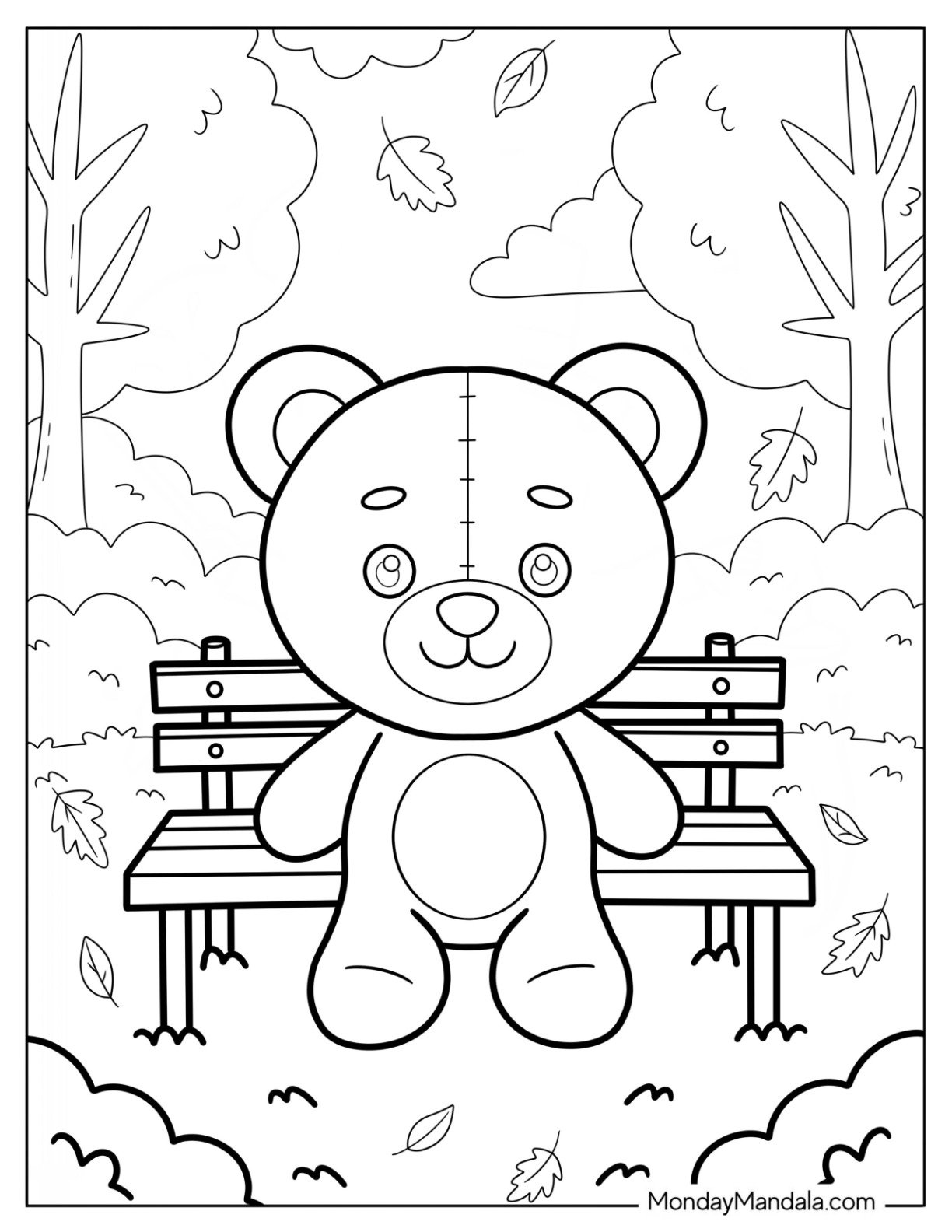 Teddy Bear Coloring Page in the Park with Falling Leaves