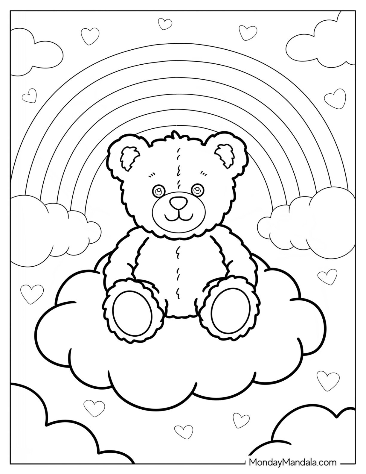 Teddy Bear Coloring Pages in the Sky with Hearts and Rainbows for Kids