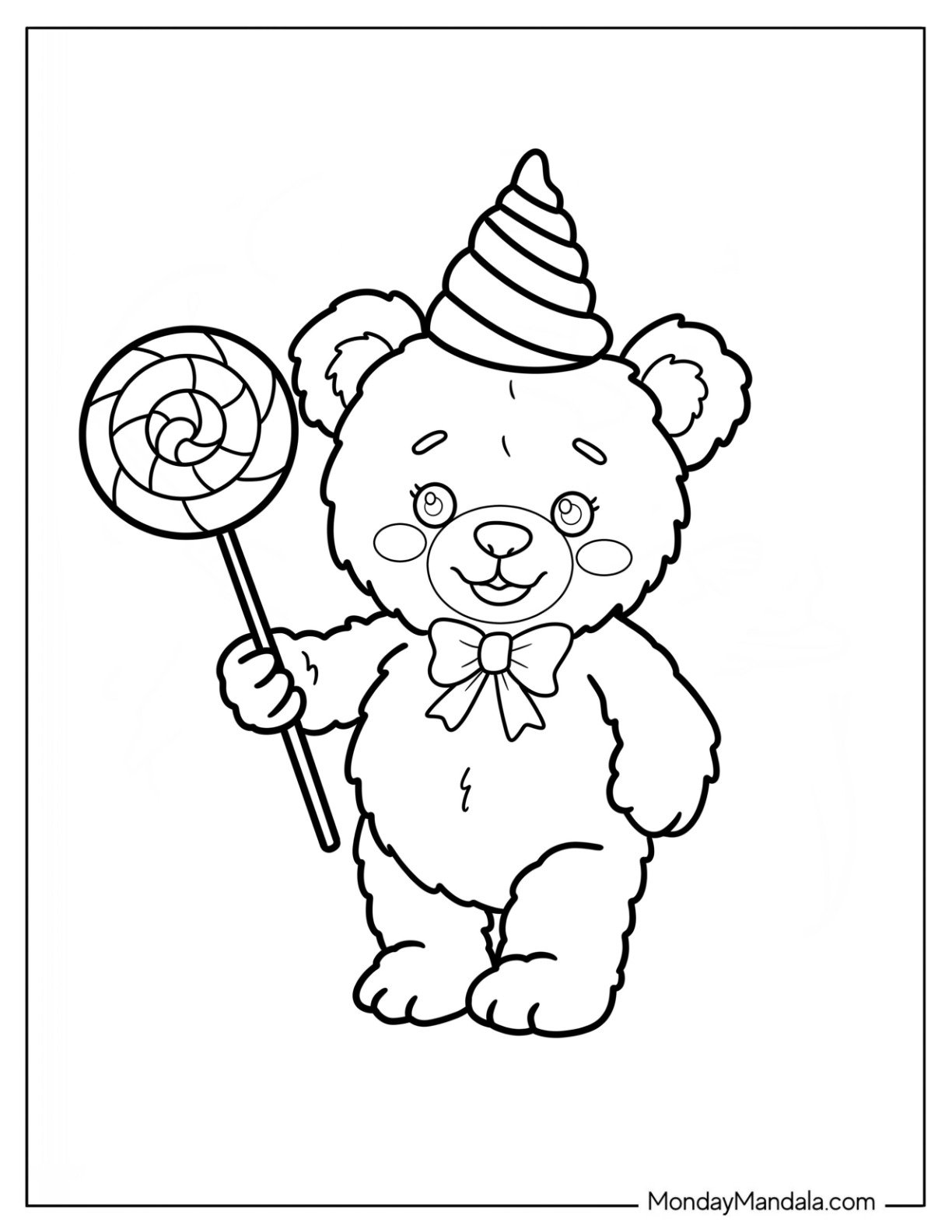 Teddy Bear Coloring Pages with Party Hat and Lollipop for Preschoolers