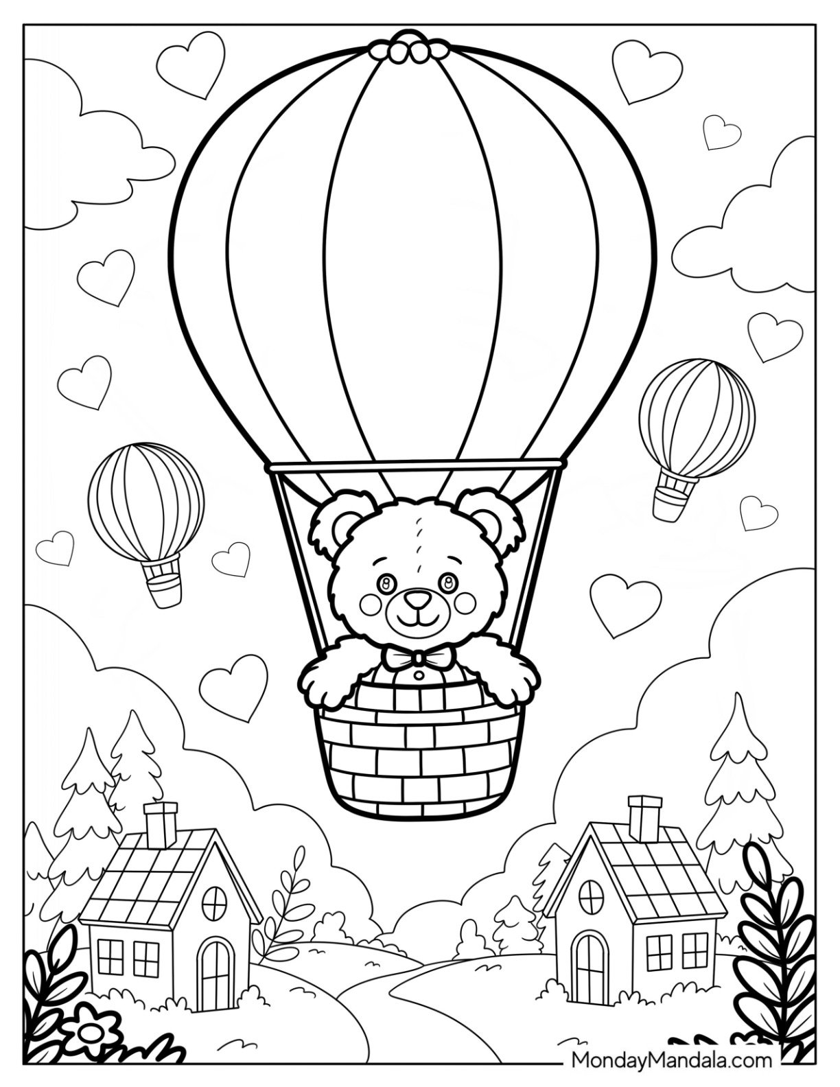 Teddy Bear Coloring Pages Hot Air Balloon Ride Over the Village