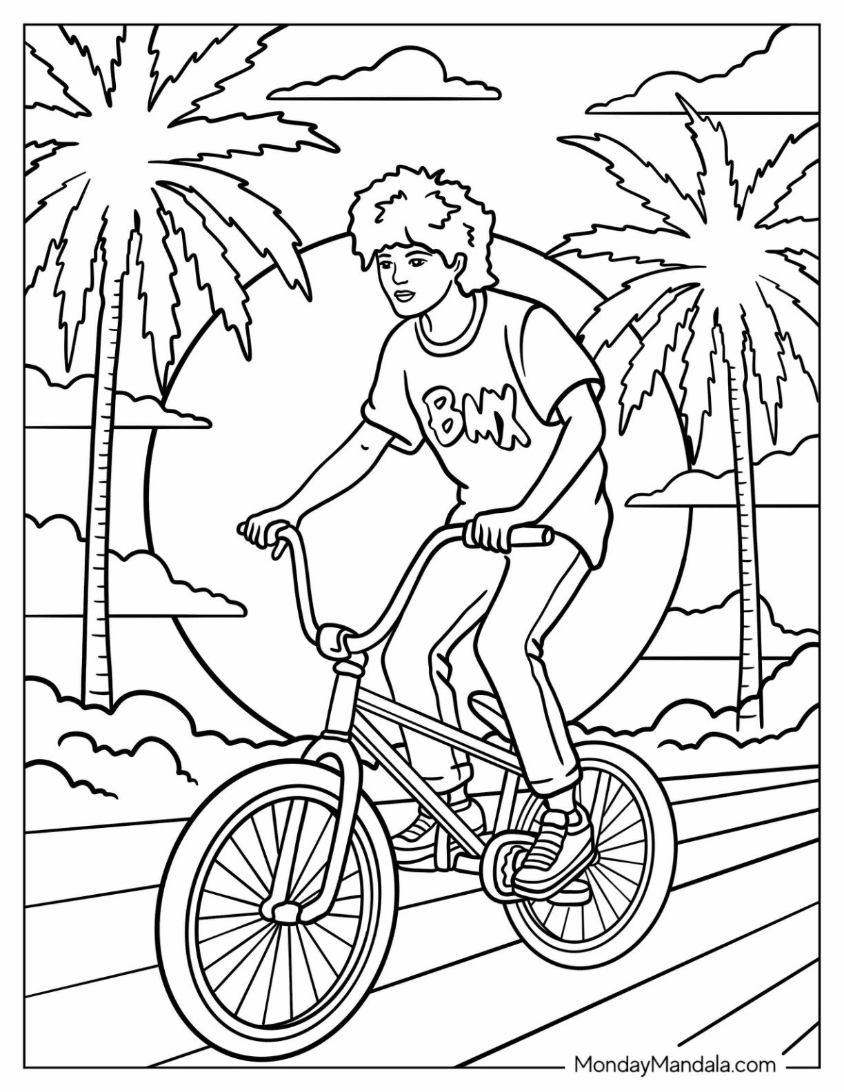 Teen on Bicycle by the Beach 80's Coloring Page